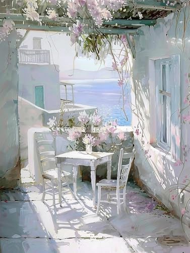 STYLER Leinwandbild Table 60 x 80 cm I Mediterrane Terrasse mit Blüten und Meerblick I Wandbild Wohnzimmer Schlafzimmer Esszimmer Büro I Wanddeko Sommer Gartenstil I Made in Europe von STYLER