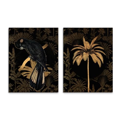 STYLER Leinwandbilder Set Black Parrot 2x 32x42 cm (AUFHÄNGFERTIG) - Exotisches Flair mit schwarzem Papagei und goldener Palme - Hochformat von STYLER