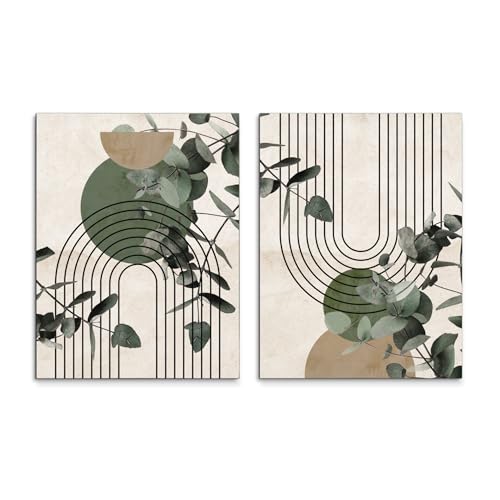 STYLER Leinwandbilder Set Green Arc 2X 32x42 cm (AUFHÄNGFERTIG) - Abstrakte Formen und Linien in grün und beige - Hochformat von STYLER