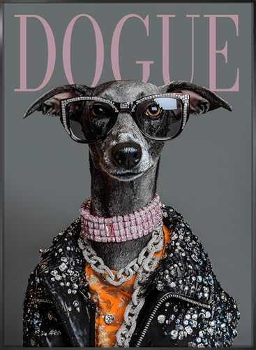 STYLER Wandbild Dogue 50x70 cm (AUFHÄNGFERTIG) – Modebewusster Windhund mit Glitzer-Look – Hochwertiger Kunstdruck mit Rahmen von STYLER