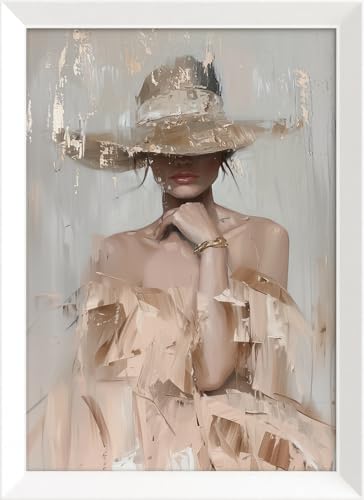 STYLER Wandbild Janet 50 x 70 cm – Gerahmtes Porträt einer Frau mit Hut – Moderne Kunst auf MDF mit weißem Rahmen von STYLER