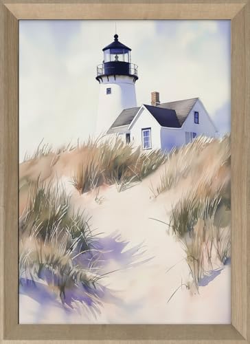 STYLER Wandbild Lighthouse 50 x 70 cm – Gerahmtes Bild mit Leuchtturm in Beige Blau Weiß – Küstenmotiv auf MDF mit Holzrahmen von STYLER