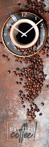 Wanduhr First Coffee - lautlose Uhr aus Glas Made in EU - Glasuhr inklusive Wandaufhängung - Wanduhr ohne Tickgeräusche mit Metallzeiger - Kaffee Küchenuhr rechteckig Küche lautlos - 20 x 60 cm von STYLER