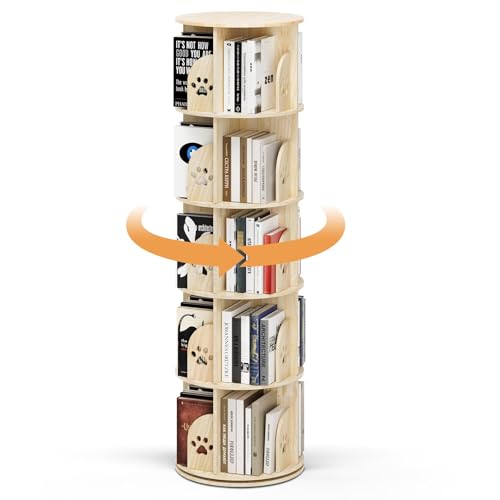 STYPLZ 360° Drehbares Bücherregal aus Holz, multifunktionales Bücherregal Massivholz Standregal mit 5 Verstellbaren Ebenen, 46x46x160 cm, Ideal für Bücher und Deko von STYPLZ