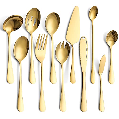 11-teiliges Servierbesteck-Set, Edelstahl-Servierutensilien-Set, inklusive Kuchenheber, Servierlöffel, Buttermesser (Gold) von STmea