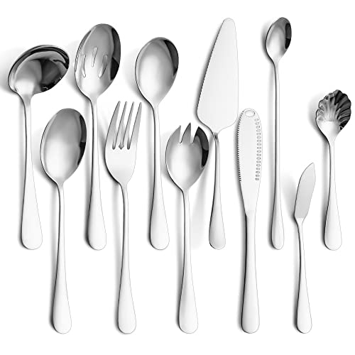 11-teiliges Servierbesteck-Set, Edelstahl-Servierutensilien-Set, inklusive Kuchenheber, Servierlöffel, Buttermesser (Silber) von STmea