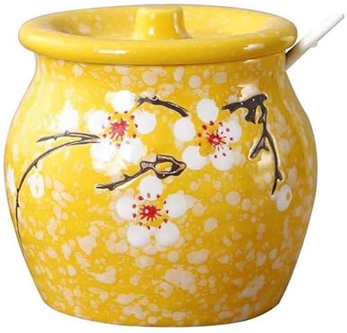 Japanische Keramik-Zuckerdose mit Deckel und Löffel (gelb) von STmea