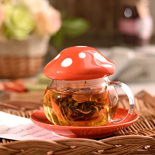 STmea Niedliches Teetassen-Set, Pilz-Teekanne, Milchglas, Kaffeetassen, Tassen mit Deckel und Tablett, Sieb, Filter-Ei, 290 ml, Orange von STmea