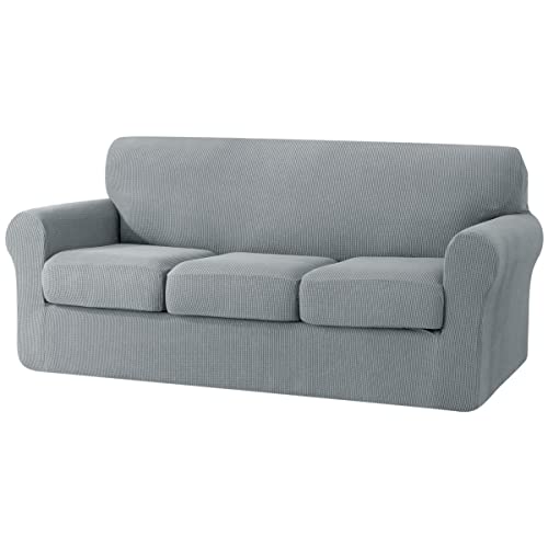 SU SUBRTEX Sofabezug für 3 Sitzer mit 3 separaten Kissenbezügen, Stretch, Sofa-Schonbezug, Ersatzbezug, rutschfest, Möbelschutz (Sofa, Hellgrau) von SU SUBRTEX