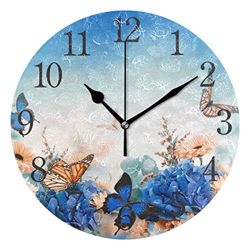 Schmetterling Wanduhr Blaue Blumen Dekorative Hängende Uhr Stille Nicht tickend Runde Uhr für Wohnzimmer Küche Schlafzimmer von SUABO