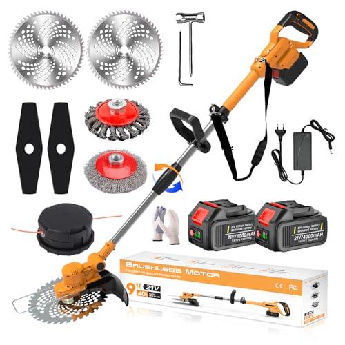 Rasentrimmer mit Akku 21V, Akku Rasentrimmer mit Unkrautbürste für Makita-Akkus mit 4 Klingentypen 750W Bürstenloser Freischneider Akku, Motorsense Akku mit 2X4.0Ah Akku & Ladegerät, Orange,b von SUAIIOLK