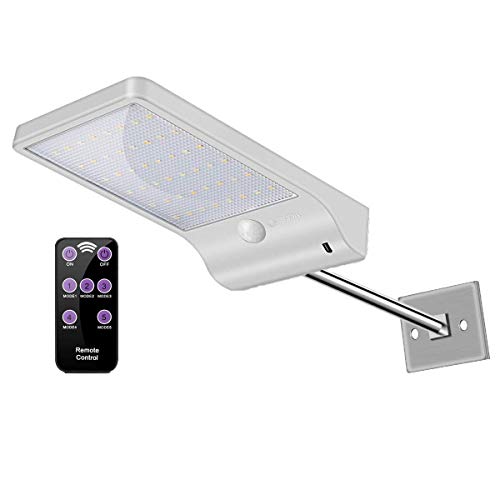 SUAVER 48 LED Solarlampe Außen, Wasserdicht Außenwandleuchten Bewegungsmelder Solarlicht mit 3 Modi Sicherheits wandleuchte Wireless Light mit Fernbedienung für Garten Auffahrt Balkon (W+stange) von SUAVER
