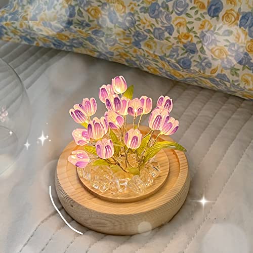 Handgemachte Tulpe Nachtlicht Blume Geschenk,SUAVER Künstliche Blume DIY Nachttischleuchte Home Ornament Geburtstagsgeschenk Atmosphäre Dekoration Schreibtisch Decor Lampe (20 Blumen Lila) von SUAVER