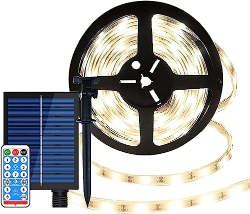 SUAVER 10M Solar LED Stripe 240LED Streifen Wasserdicht Flexible Streifen 8 Modus Timer Fernbedienung Dimmbar Solar Band Lichterketten für Terrasse,Dach,Zaun,Schuppen (Warmweiß) von SUAVER