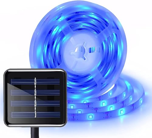 SUAVER 9.84ft 90LED Solar Streifen Lichterkette, Schneidbar LED Strip Light Außen,8 Modi Wasserdicht LED Band Selbstklebend für Garten Terrasse Balkon Treppe Dekoration (1, Blau) von SUAVER