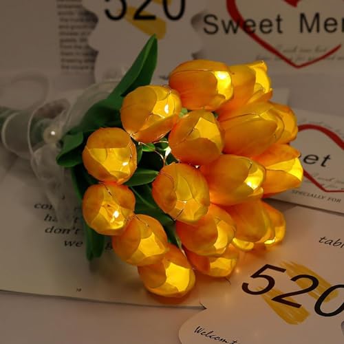 SUAVER Künstliche Blumen Tulpe mit LED-Leuchten Tulip Bouquet,Gefälschter Tulpenstrauß Echte Berührungsblumen,batteriebetrieben Urlaub HochzeitFotografie Home Dekoration Geschenke (15, Orange) von SUAVER