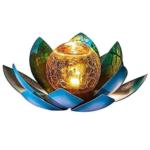 SUAVER LED-Solar-Licht, Lotus-Licht, rissige Glaskugel, Blumenlampe, Outdoor-Gartendekoration, Solar-Gartenlicht, Metall-Laterne, Wasserlilie, LED-Licht, Außenleuchte, Tischlampe (blau) von SUAVER