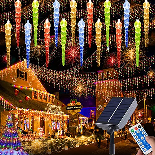 SUAVER Solar LED Eiszapfen Vorhang Lichter Außen Lichterkette Wasserdicht Eisregen Draußen drinnen Dekoration Eissäule 8 Modi Weihnachtsbeleuchtung mit Fernbedienung (100LED mehrfarbig) von SUAVER