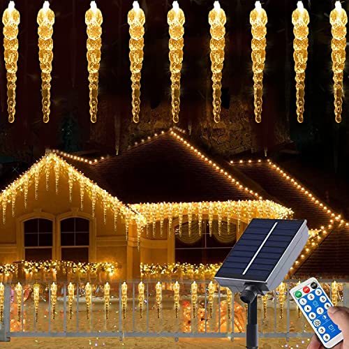 SUAVER Solar LED Eiszapfen Vorhang Lichter Außen Lichterkette Wasserdicht Eisregen Draußen drinnen Dekoration Eissäule 8 Modi Weihnachtsbeleuchtung mit Fernbedienung (100LED warmweiß) von SUAVER