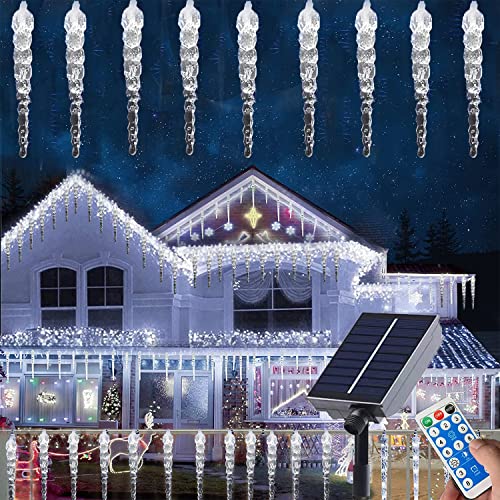 SUAVER Solar LED Eiszapfen Vorhang Lichter Außen Lichterkette Wasserdicht Eisregen Draußen drinnen Dekoration Eissäule 8 Modi Weihnachtsbeleuchtung mit Fernbedienung (100LED weiß) von SUAVER