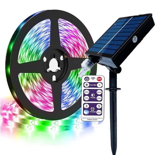 SUAVER Solar LED Streifen Außen Wasserdicht LEDs Strip Lichter Dimmbar Solar Lichterkette mit Fernbedienung Timer USB Ladeanschluss,Selbstklebend Lichter Band Dekor (Mehrfarbig, 5m 150LED) von SUAVER