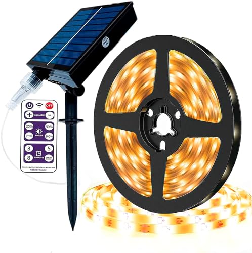 SUAVER Solar LED Streifen Außen Wasserdicht LEDs Strip Lichter Dimmbar Solar Lichterkette mit Fernbedienung Timer USB Ladeanschluss,Selbstklebend Lichter Band Dekor (Warmweiß, 2m 120LED) von SUAVER