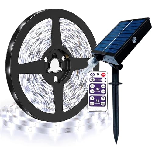 SUAVER Solar LED Streifen Außen Wasserdicht LEDs Strip Lichter Dimmbar Solar Lichterkette mit Fernbedienung Timer USB Ladeanschluss,Selbstklebend Lichter Band Dekor (Weiß, 4m 240LED) von SUAVER