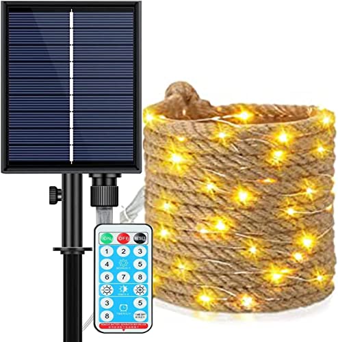 SUAVER Solar Lichterkette Außen Wasserdicht natürliches Hanfseil-Lichter mit Fernbedienung,dimmbare Solarleuchte für Café-Lichter für Garten, Bistro, Party,Hof, Balkon (200LEDs,10 m) von SUAVER