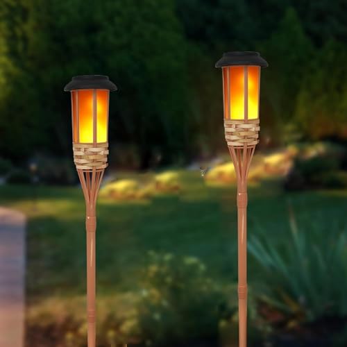SUAVER Solarlampen handgemachte Bambus Furnier,Blinkende Flamme Solar Gartenleuchten,Wasserdichte Solarleuchte Gartenfackeln Solar Wegeleuchte für Hinterhöfe Rasen Beleuchtung Deko(2 Stück) von SUAVER