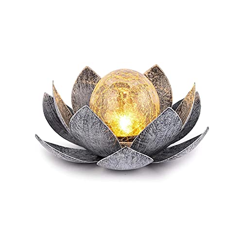 Solar Laterne Metall Lotusblüte,SUAVER Außen Tischlampe Wasserdicht Solarleuchten Garten Gebrochene Glaskugel-Blumenlampe Solar Gartenlicht Dekorative Lampe Landschaftslichter (Grau) von SUAVER