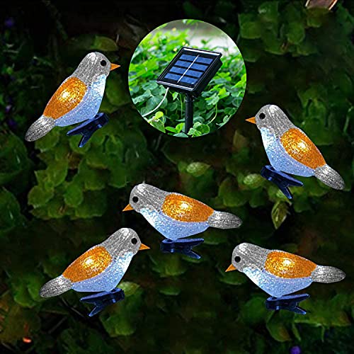 Solar Lichterkette Außen,SUAVER 5 Stück Acryl Vogel Lichterketten Solarlaterne Wasserdichte Dekoration Garten Beleuchtung mit Clip für Rasen,Terrasse,Sommerfest,Feiertag (Gelb Weiß) von SUAVER