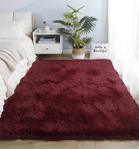 SUBEEN Teppich Wohnzimmer Shaggy Teppich Hochflor Teppich Langflor Teppich Kinderzimmer Modern Batik Teppich Jugendzimmer Flauschig Teppich (Claret, 80x120cm) von SUBEEN