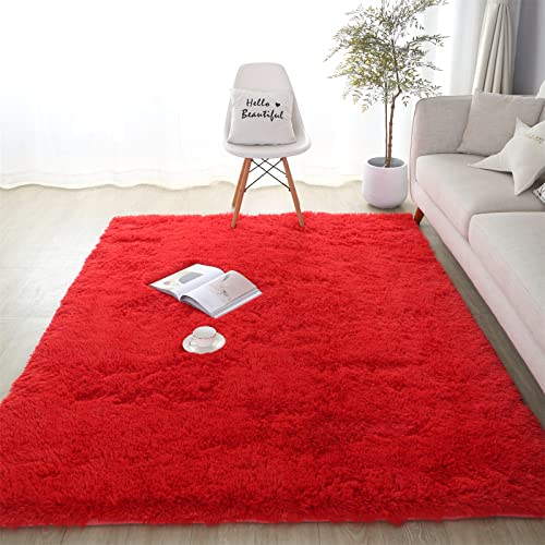 SUBEEN Teppich Wohnzimmer Shaggy Teppich Hochflor Teppich Langflor Teppich Kinderzimmer Modern Batik Teppich Jugendzimmer Flauschig Teppich (rot, 120x160cm) von SUBEEN