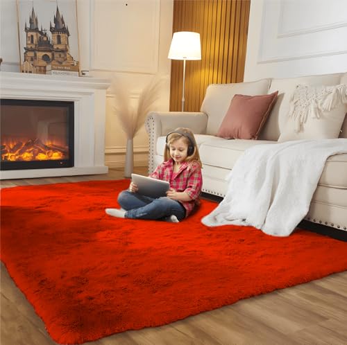 SUBEEN Teppich Wohnzimmer Shaggy Teppich Hochflor Teppich Langflor Teppich Kinderzimmer Modern Batik Teppich Jugendzimmer Flauschig Teppich (rot, 80x160cm) von SUBEEN
