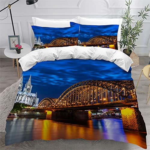 3D Bettwäsche Köln Am Rhein Für Kinder Schlafzimmer Dekor Bunte 135x200 Bettwäsche Set 3 Teilig Bettbezüge Mikrofaser Bettbezug mit Reißverschluss und 2 Kissenbezug 80x80 Architektur Landschaft von SUBIKA