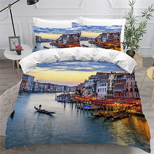 3D Bettwäsche Venedig Canal Grande 155x220 Bettwäsche Set 3 Teilig Bettbezüge Atmungsaktive 100% Mikrofaser Bettbezug für Teenagermit Reißverschluss und 2 Kissenbezug 80x80 Architektur Landschaft von SUBIKA