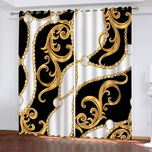 SUBIKA Gardinen 3D Drucken Vorhänge Ösen 2 Stück Barock- Polyester Vorhang Schlafzimmer Geräuschreduzierung Luxus Hochwertig Abdunklungsvorhänge 150x166cm（2x75x166cm） Schwarze Farbe Goldene Farbe von SUBIKA