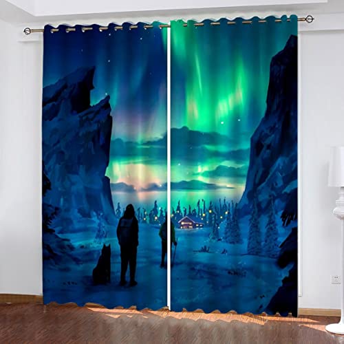 Gardinen Blickdicht 2er Set Nordlichter Verdunklungsgardine Ösen 3D Vorhang Lichtundurchlässig Wärmeisolierung Polyester Schlafzimmer schmücken 280x260cm（2x140x260cm） Schnee Natur von SUBIKA