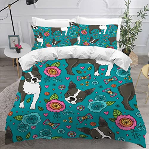 SUBIKA Bettwäsche 135x200 Boston-Terrier Bettwäsche Set Kinder Schlafzimmer Dekor Bunte 3 Teilig 3D Bettbezüge Mikrofaser Haustiere Karikatur Kawaii Bettbezug Reißverschluss und 2 Kissenbezug 80x80 von SUBIKA