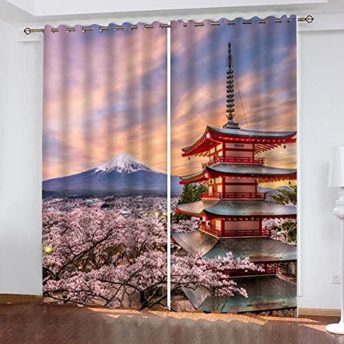 Vorhang Blickdicht mit Ösen Kirschblüten Verdunkelungsvorhang 3D 2er Set Polyester Schlafzimmer Kinderzimmer Wohnzimmer Dekoration Berg Fuji Japan Turm Gardine140x160cm（2x70x160cm） von SUBIKA