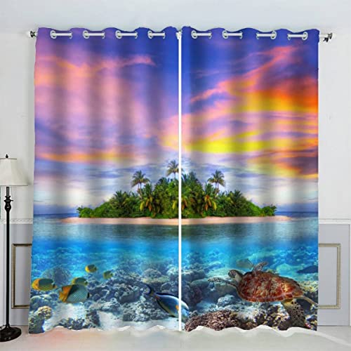 Vorhang Schlafzimmer Malediven Gardine Blickdicht Perforierte aus Polyester mit 3D-Digitaldruck 2 Stücke Landschaft Sonnenuntergang Vorhänge für Wohnzimmerdekoration 260x140（2x130x140） von SUBIKA