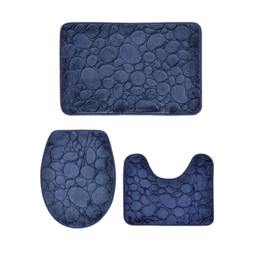 Badezimmerteppich Set 1 Set of Solid Color Simple Bathroom Floor Mat Stone Pattern, Comfortable and Soft, Three-Piece(Deep Blue) von SUBLXPoten