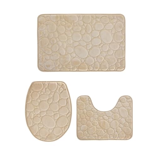Badezimmerteppich Set 1 Set of Solid Color Simple Bathroom Floor Mat Stone Pattern, Comfortable and Soft, Three-Piece(Khaki Color) von SUBLXPoten