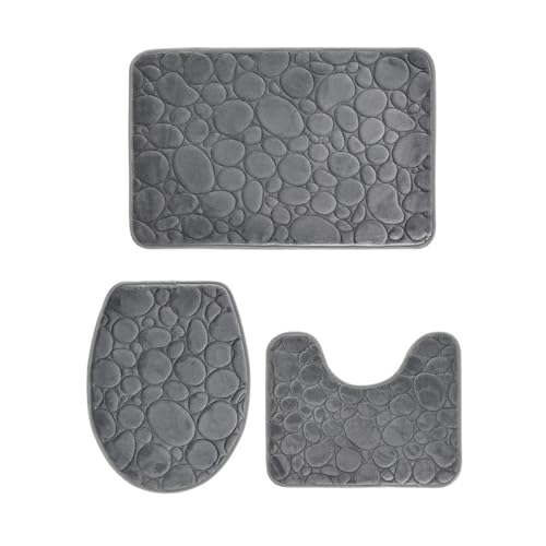 Badezimmerteppich Set 1 Set of Solid Color Simple Bathroom Floor Mat Stone Pattern, Comfortable and Soft, Three-Piece(Light Gray) von SUBLXPoten
