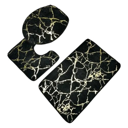 SUBLXPoten Badezimmerteppich Set 3Pcs/Set Bath Mats Toilet Carpet Polyester Lid Cover Bathroom Rug Products(Black) von SUBLXPoten