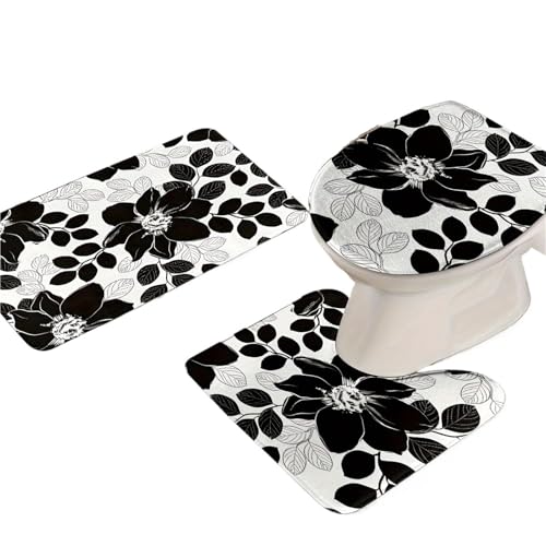 SUBLXPoten Badezimmerteppich Set 3Pcs Black Flower and Leaves Printed Floor Mat Three-Piece Bathroom Set von SUBLXPoten