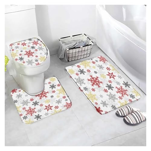 SUBLXPoten Badezimmerteppich Set Bath Mat Sets White Snowflake Red Flannel Carpet Home Bathroom Decor Floor Rugs Toilet Lid Cover(Type2-3pcs) von SUBLXPoten