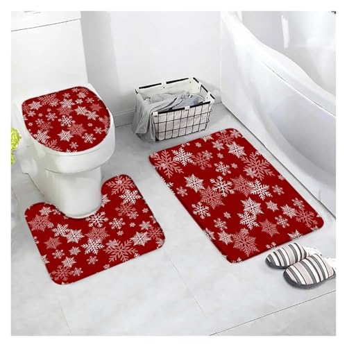 SUBLXPoten Badezimmerteppich Set Bath Mat Sets White Snowflake Red Flannel Carpet Home Bathroom Decor Floor Rugs Toilet Lid Cover(Type3-3pcs) von SUBLXPoten