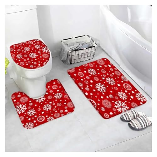 SUBLXPoten Badezimmerteppich Set Bath Mat Sets White Snowflake Red Flannel Carpet Home Bathroom Decor Floor Rugs Toilet Lid Cover(Type8-3pcs) von SUBLXPoten