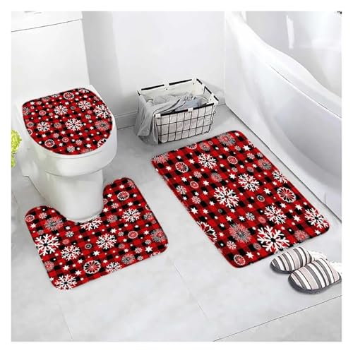 SUBLXPoten Badezimmerteppich Set Bath Mat Sets White Snowflake Red Flannel Carpet Home Bathroom Decor Floor Rugs Toilet Lid Cover(Type9-3pcs) von SUBLXPoten